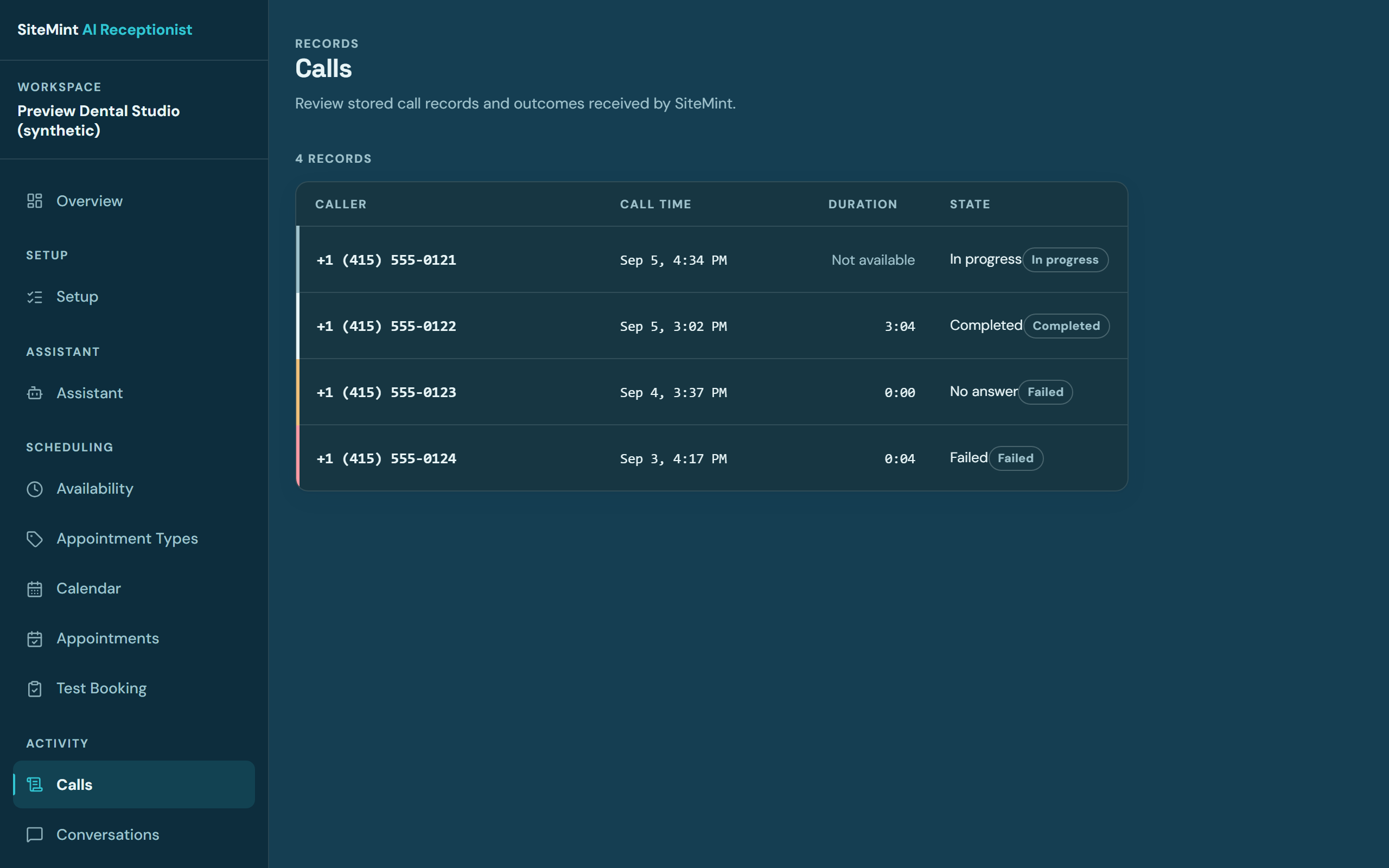 SiteMint AI Receptionist dashboard showing a logged call